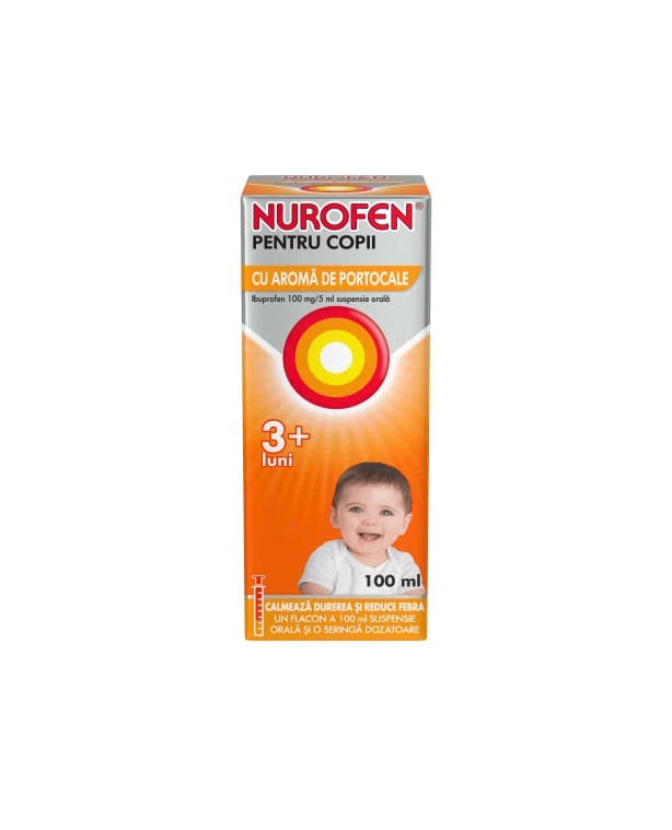 Nurofen pentru copii suspensie orală, 3 luni+ cu aromă de portocale 100 mg/5 ml, 100 ml